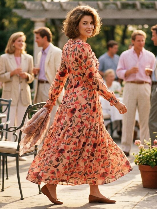 Pink Boutique Dresses & Skirts - Boutique Womens L Maxi Dress Pink Chiffon Floral Tiered Gown Iconic Cottagecore